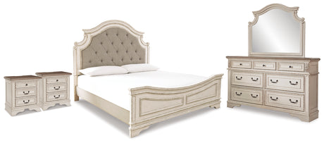 Realyn Two-tone King Panel Bed, Dresser, Mirror and 2 Nightstands from Ashley - Luna Furniture