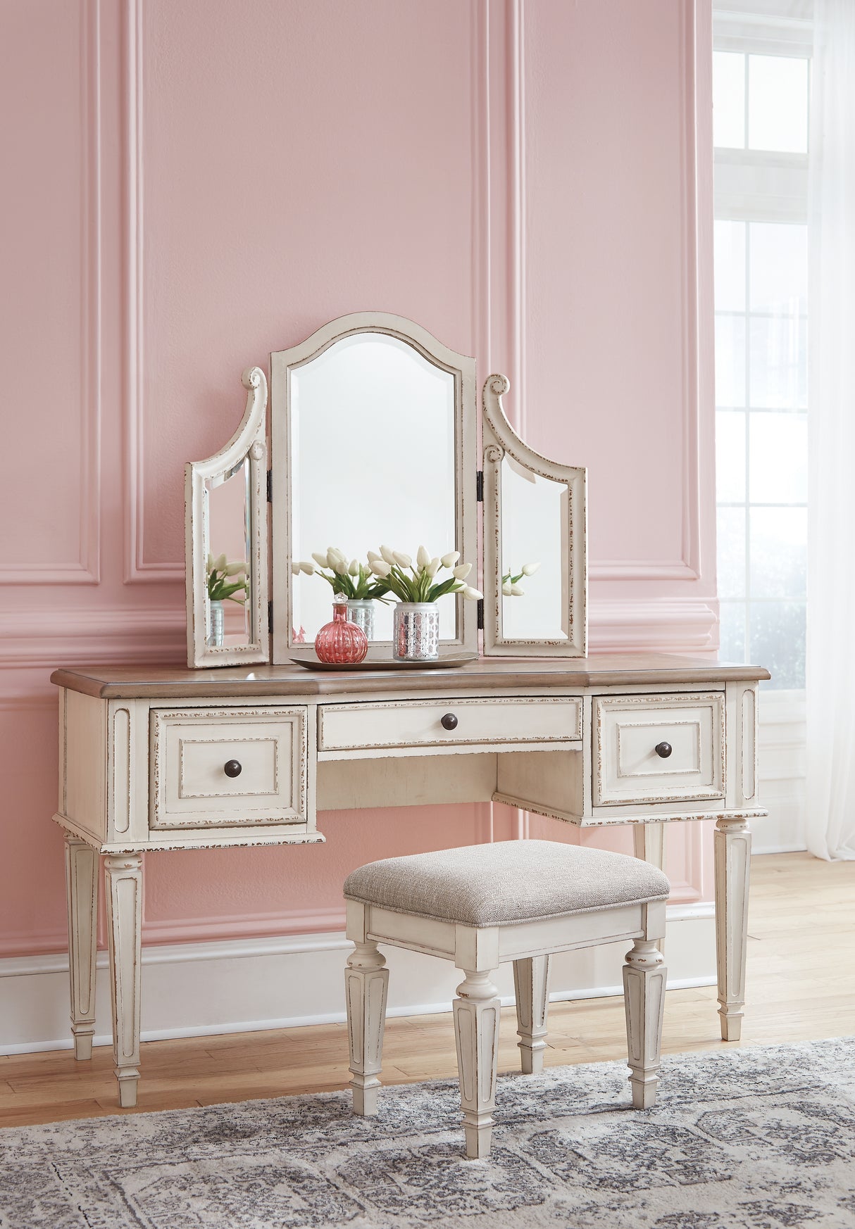 Realyn Two-tone King Panel Bed, Vanity, Chest and 2 Nightstands from Ashley - Luna Furniture