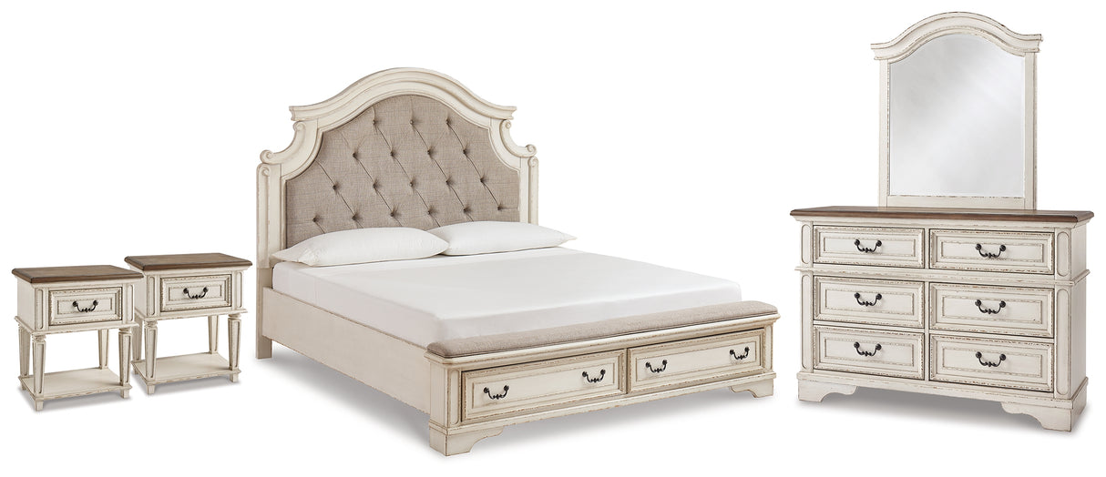 Realyn Two-tone King Panel Storage Bed, Dresser, Mirror and 2 Nightstands from Ashley - Luna Furniture