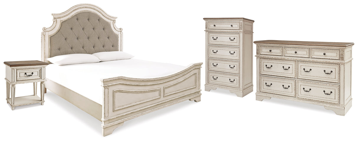 Realyn Two-tone King Upholstered Panel Bed, Dresser, Chest and Nightstand from Ashley - Luna Furniture