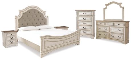 Realyn Two-tone King Upholstered Panel Bed, Dresser, Mirror, Chest and 2 Nightstands from Ashley - Luna Furniture