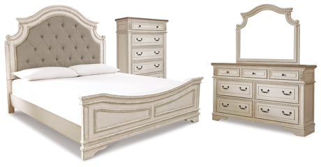 Realyn Two-tone Queen Panel Bed, Dresser, Mirror and Chest from Ashley - Luna Furniture