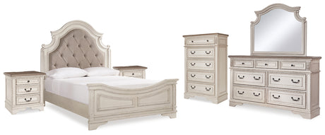 Realyn Two-tone Queen Upholstered Panel Bed, Dresser, Mirror, Chest and 2 Nightstands from Ashley - Luna Furniture