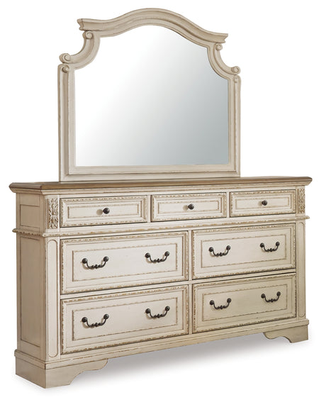 Realyn Two-tone Queen Upholstered Panel Bed, Dresser, Mirror, Chest and 2 Nightstands from Ashley - Luna Furniture