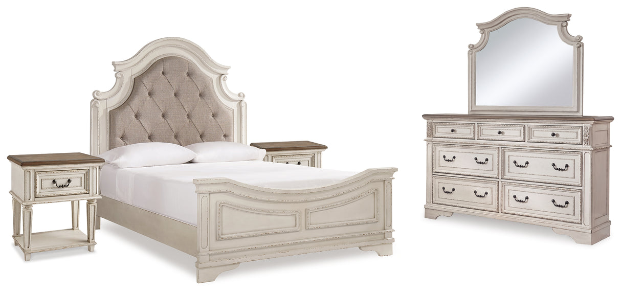 Realyn Two-tone Queen Upholstered Panel Bed, Dresser, Mirror and 2 Nightstands from Ashley - Luna Furniture