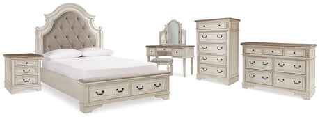 Realyn Two-tone Queen Upholstery Panel Bed, Dresser, Chest, Nightstand, and Vanity Set from Ashley - Luna Furniture