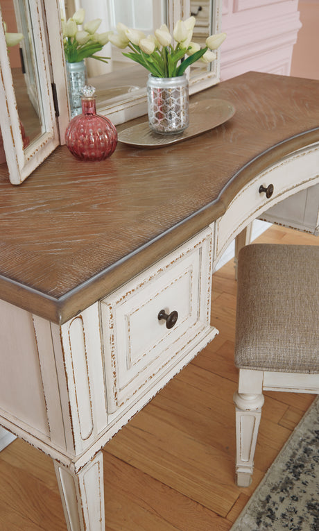 Realyn Two-tone Queen Upholstery Panel Bed, Dresser, Chest, Nightstand, and Vanity Set from Ashley - Luna Furniture