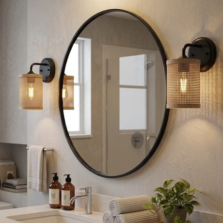 Reef 1-Light Rattan Wall Sconce with Black Metal Finish from Ashcroft Furniture - Luna Furniture