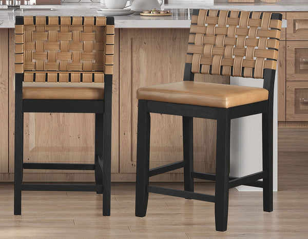 Reid Saddle Brown Camel Vegan Leather 24″ Counter Chair, Black Finish, Set of 2