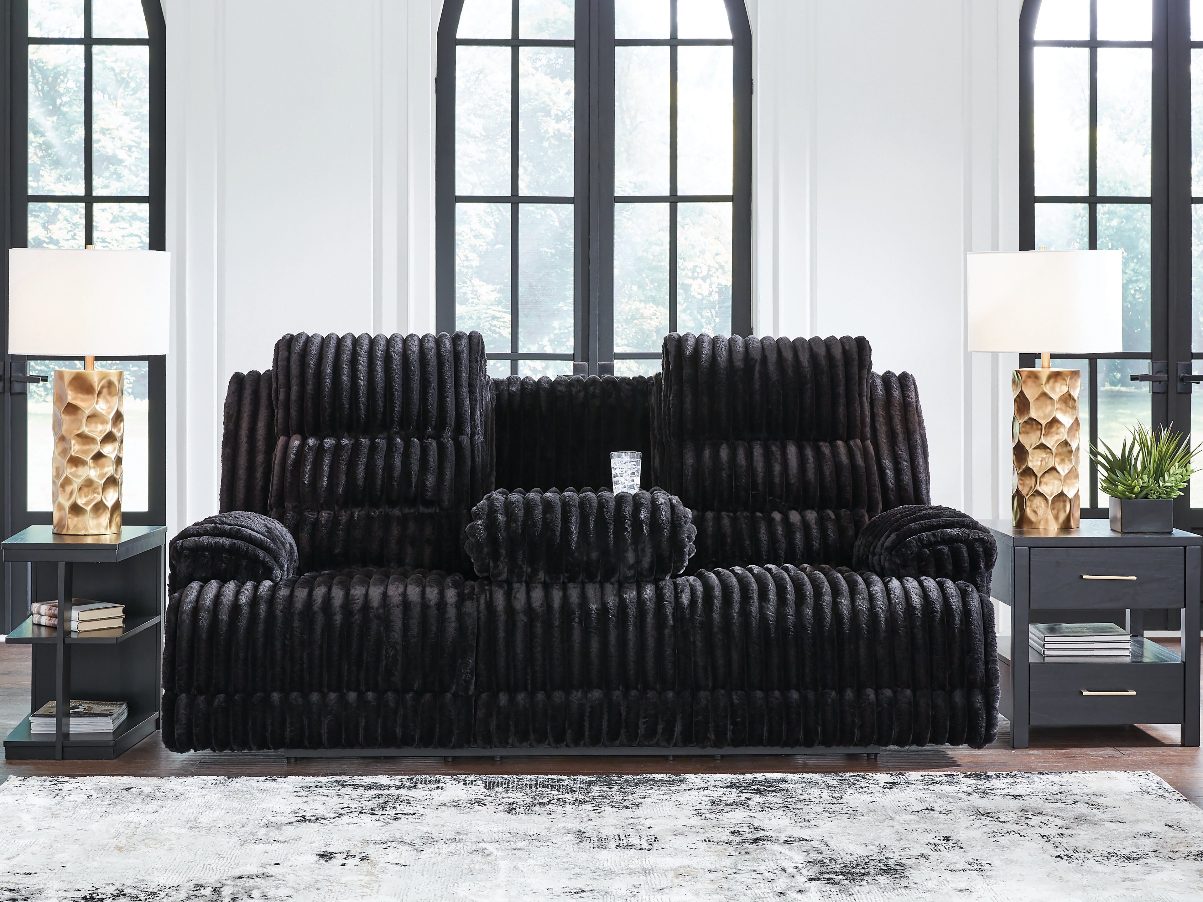 Ashley Rhine Falls Onyx Power Reclining Sofa with Drop Down Table