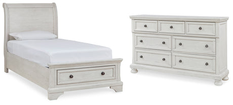 Robbinsdale Antique White Twin Sleigh Storage Bed and Dresser from Ashley - Luna Furniture