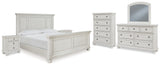 Robbinsdale California King Panel Bed with Mirrored Dresser, Chest and 2 Nightstands in Antique White from Ashley - Luna Furniture