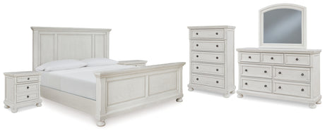 Robbinsdale California King Panel Bed with Mirrored Dresser, Chest and 2 Nightstands in Antique White from Ashley - Luna Furniture