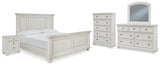 Robbinsdale California King Panel Bed with Mirrored Dresser, Chest and Nightstand in Antique White from Ashley - Luna Furniture