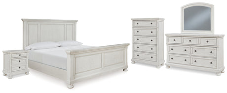 Robbinsdale California King Panel Bed with Mirrored Dresser, Chest and Nightstand in Antique White from Ashley - Luna Furniture