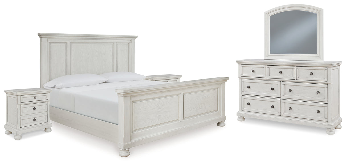 Robbinsdale California King Panel Bed with Mirrored Dresser and 2 Nightstands in Antique White from Ashley - Luna Furniture