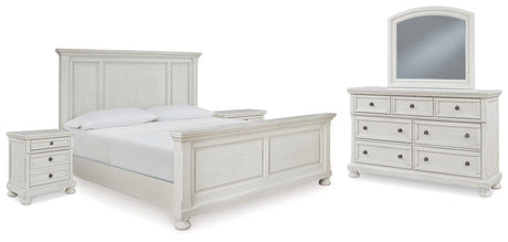 Robbinsdale California King Panel Bed with Mirrored Dresser and 2 Nightstands in Antique White from Ashley - Luna Furniture