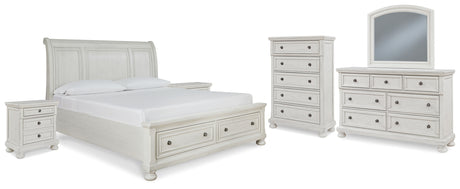 Robbinsdale California King Sleigh Bed with Storage with Mirrored Dresser, Chest and 2 Nightstands in Antique White from Ashley - Luna Furniture