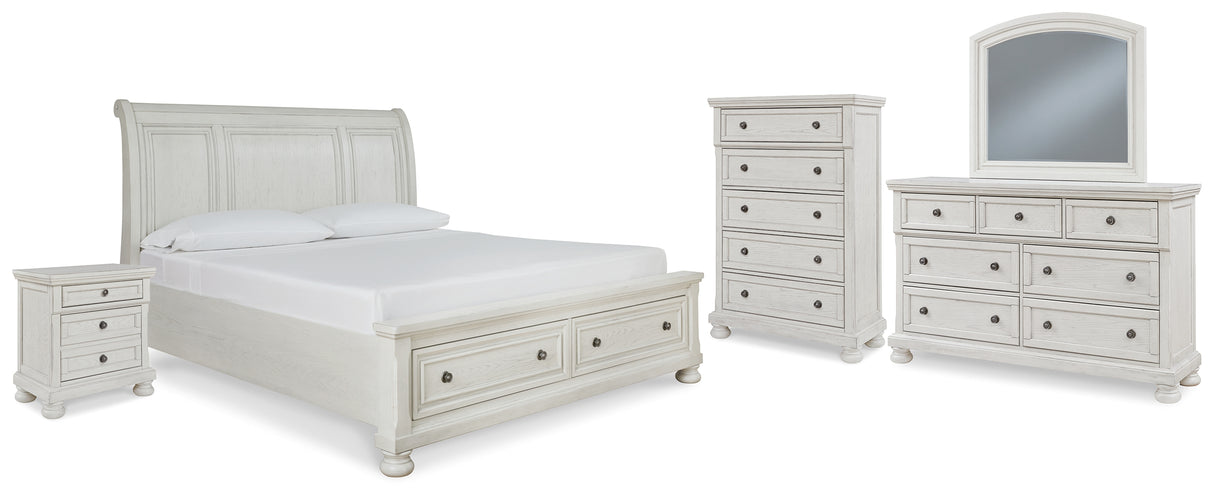 Robbinsdale California King Sleigh Bed with Storage with Mirrored Dresser, Chest and Nightstand in Antique White from Ashley - Luna Furniture