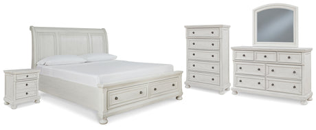 Robbinsdale California King Sleigh Bed with Storage with Mirrored Dresser, Chest and Nightstand in Antique White from Ashley - Luna Furniture