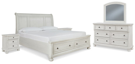 Robbinsdale California King Sleigh Bed with Storage with Mirrored Dresser and 2 Nightstands in Antique White from Ashley - Luna Furniture
