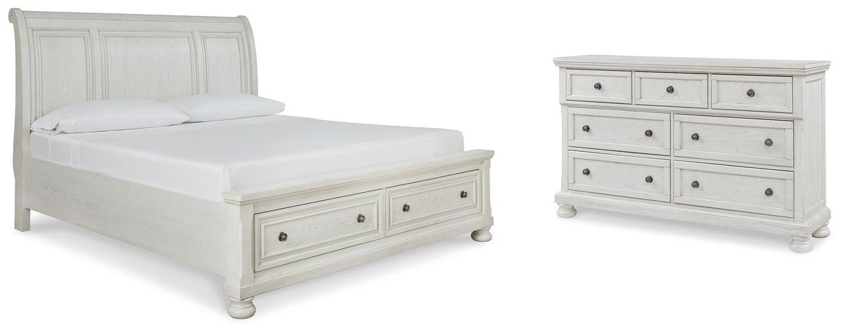 Robbinsdale California King Sleigh Bed with Storage with Mirrored Dresser in Antique White from Ashley - Luna Furniture