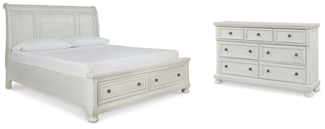 Robbinsdale California King Sleigh Bed with Storage with Mirrored Dresser in Antique White from Ashley - Luna Furniture