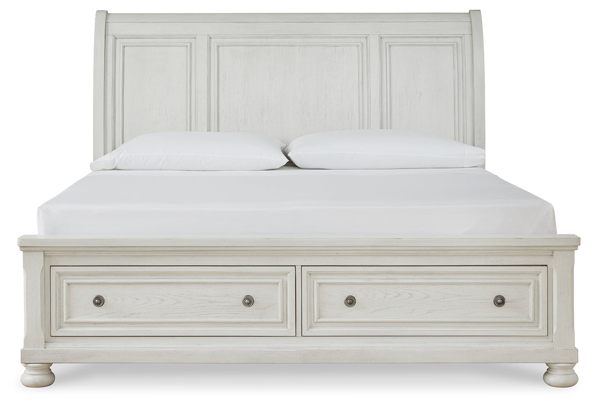 Robbinsdale California King Sleigh Bed with Storage with Mirrored Dresser in Antique White from Ashley - Luna Furniture