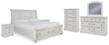 Robbinsdale King Sleigh Bed with Storage with Mirrored Dresser, Chest and 2 Nightstands in Antique White from Ashley - Luna Furniture