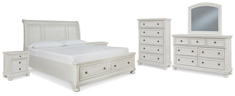 Robbinsdale King Sleigh Bed with Storage with Mirrored Dresser, Chest and 2 Nightstands in Antique White from Ashley - Luna Furniture