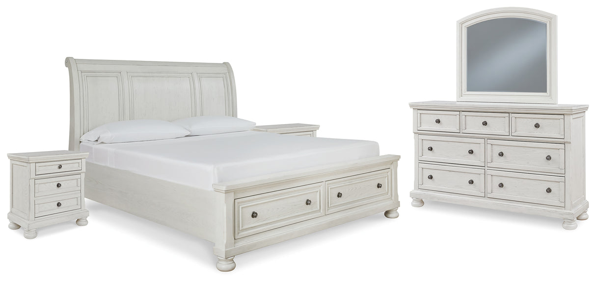Robbinsdale King Sleigh Bed with Storage with Mirrored Dresser and 2 Nightstands in Antique White from Ashley - Luna Furniture