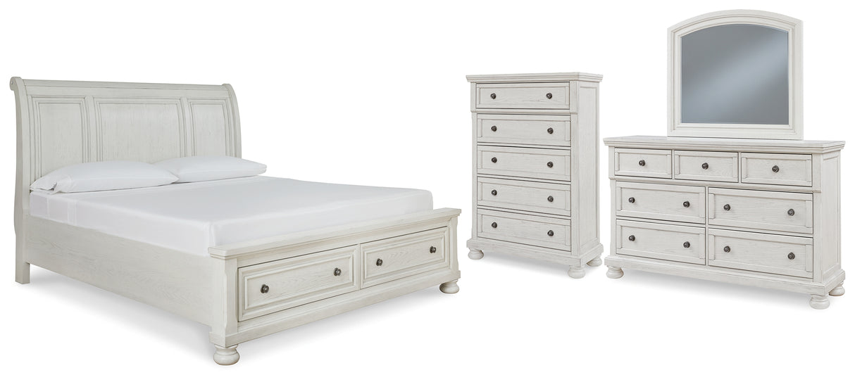 Robbinsdale King Sleigh Bed with Storage with Mirrored Dresser and Chest in Antique White from Ashley - Luna Furniture