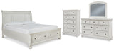 Robbinsdale King Sleigh Bed with Storage with Mirrored Dresser and Chest in Antique White from Ashley - Luna Furniture