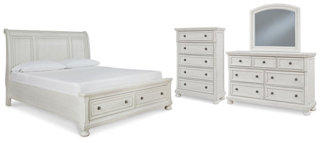 Robbinsdale King Sleigh Bed with Storage with Mirrored Dresser and Chest in Antique White from Ashley - Luna Furniture