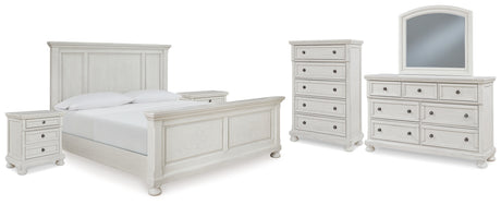 Robbinsdale Queen Panel Bed with Mirrored Dresser, Chest and 2 Nightstands in Antique White from Ashley - Luna Furniture