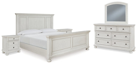 Robbinsdale Queen Panel Bed with Mirrored Dresser and 2 Nightstands in Antique White from Ashley - Luna Furniture