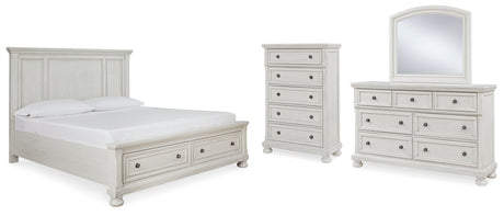 Robbinsdale Queen Panel Storage Bed with Mirrored Dresser and Chest in Antique White from Ashley - Luna Furniture