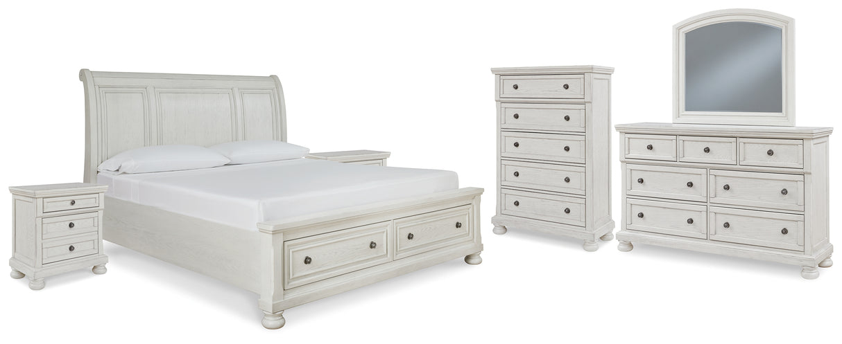 Robbinsdale Queen Sleigh Bed with Storage with Mirrored Dresser, Chest and 2 Nightstands in Antique White from Ashley - Luna Furniture