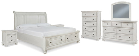 Robbinsdale Queen Sleigh Bed with Storage with Mirrored Dresser, Chest and 2 Nightstands in Antique White from Ashley - Luna Furniture