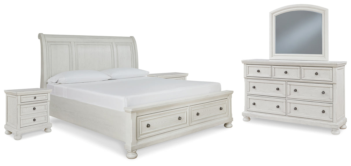 Robbinsdale Queen Sleigh Bed with Storage with Mirrored Dresser and 2 Nightstands in Antique White from Ashley - Luna Furniture