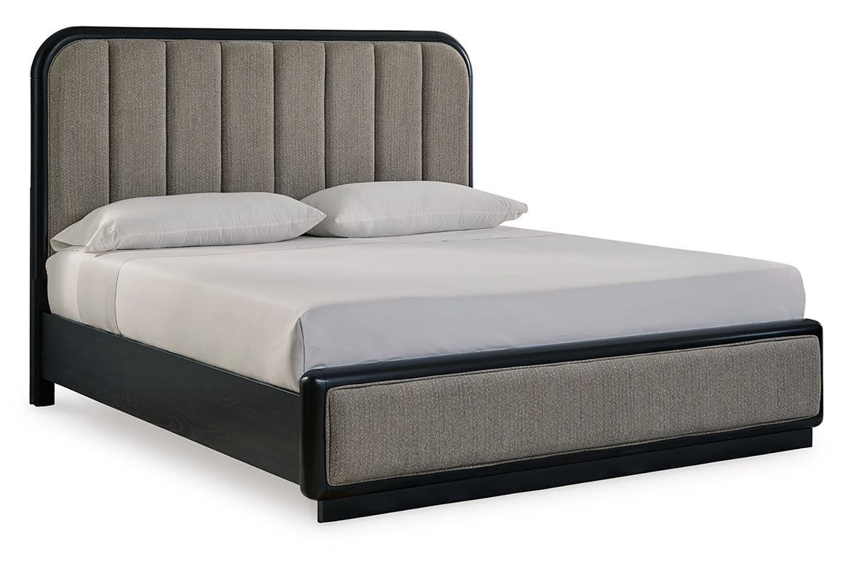 Rowanbeck California King Upholstered Panel Bed with Dresser and 2 Nightstands in Gray/Black from Ashley - Luna Furniture