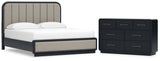 Rowanbeck California King Upholstered Panel Bed with Dresser in Gray/Black from Ashley - Luna Furniture