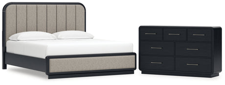 Rowanbeck California King Upholstered Panel Bed with Dresser in Gray/Black from Ashley - Luna Furniture