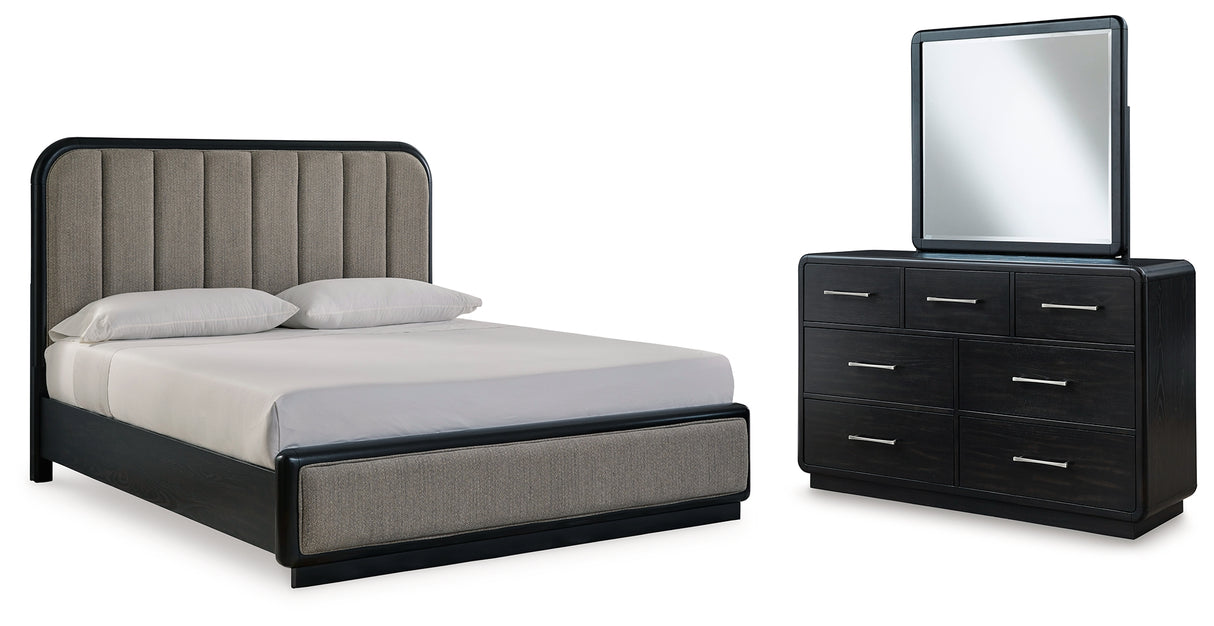 Rowanbeck California King Upholstered Panel Bed with Mirrored Dresser in Gray/Black from Ashley - Luna Furniture