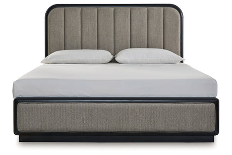 Rowanbeck Gray/Black California King Upholstered Panel Bed from Ashley - Luna Furniture