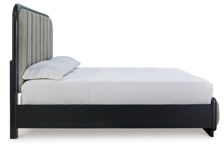 Rowanbeck Gray/Black California King Upholstered Panel Bed from Ashley - Luna Furniture
