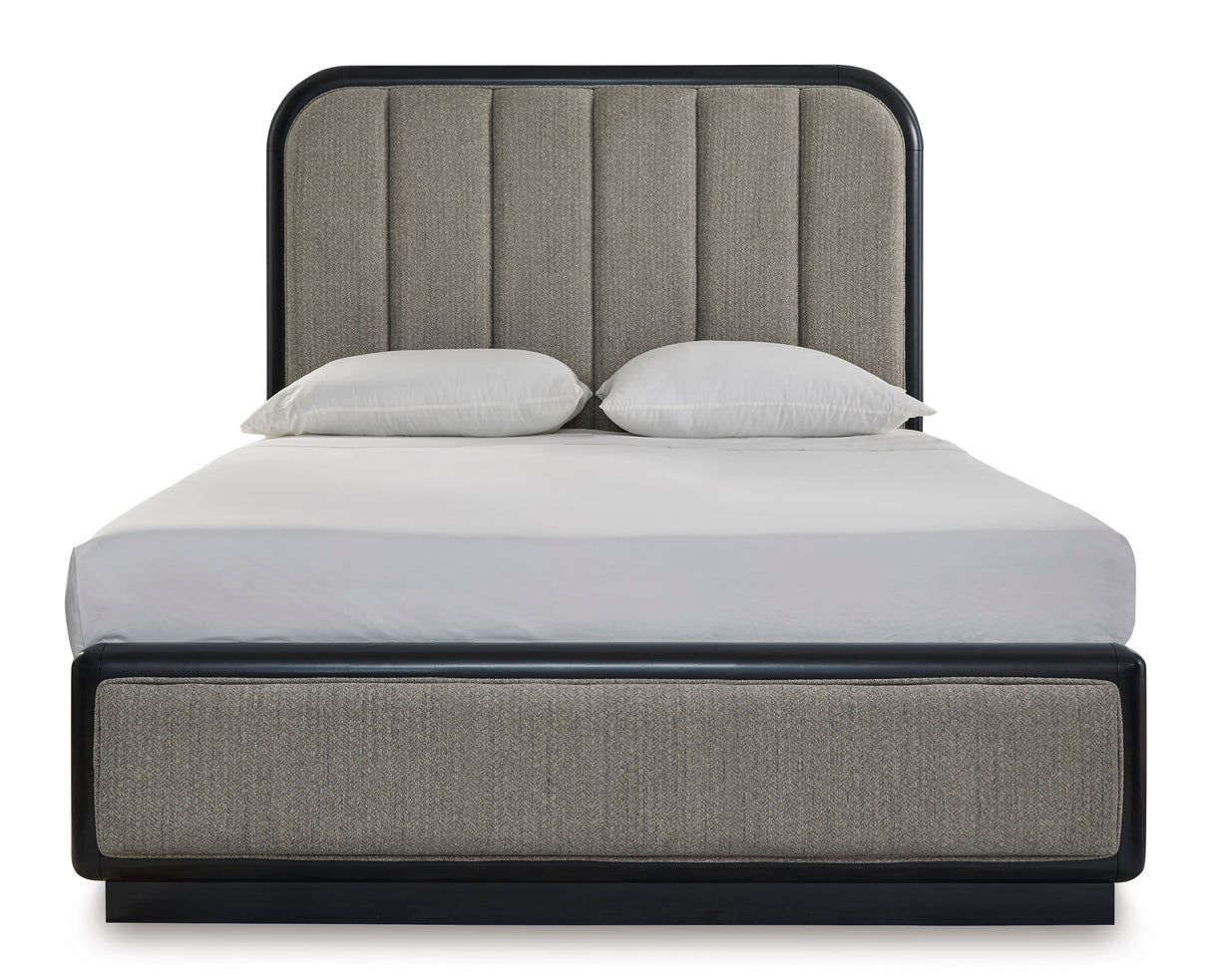 Rowanbeck Gray/Black Queen Upholstered Panel Bed from Ashley - Luna Furniture