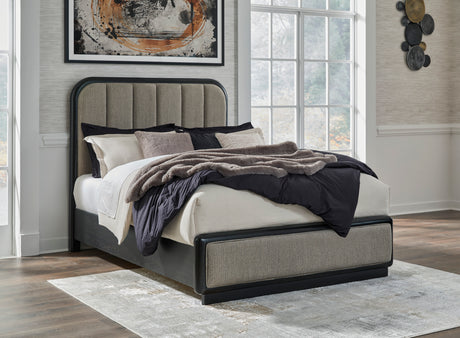 Rowanbeck Gray/Black Upholstered Panel Bedroom Set from Ashley - Luna Furniture