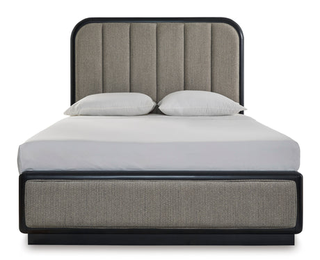 Rowanbeck Gray/Black Queen Upholstered Panel Bed from Ashley - Luna Furniture