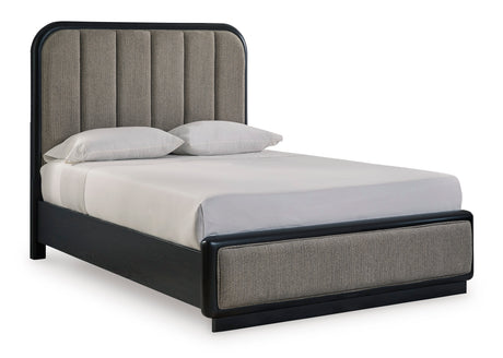Rowanbeck Gray/Black Queen Upholstered Panel Bed from Ashley - Luna Furniture